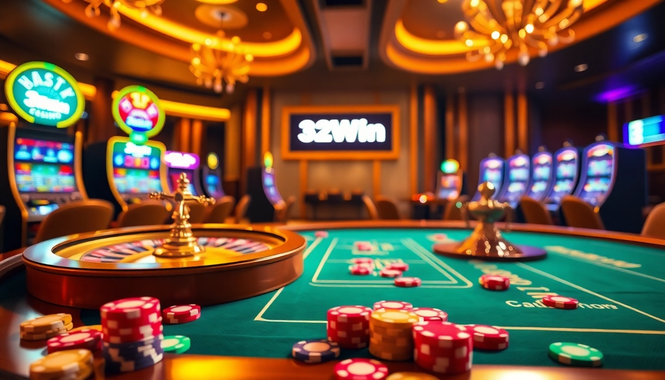 Experience excitement at the 32Win casino with vibrant gaming tables and illuminated slot machines.