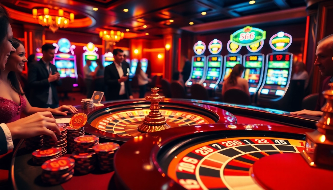The luxurious casino experience at 566 with poker chips, cards, and a spinning roulette wheel creating excitement.