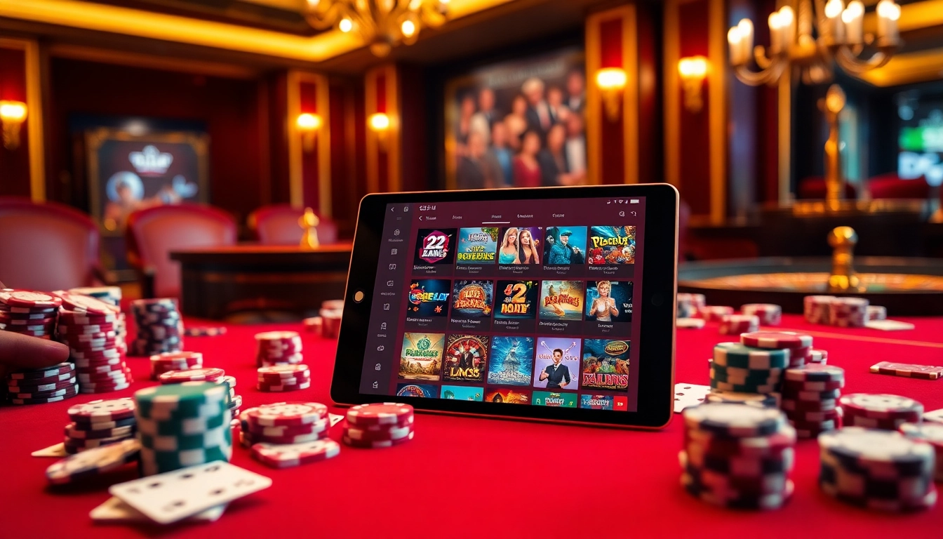 The 22jl app displayed on a tablet amidst an exciting casino scene full of gaming elements.