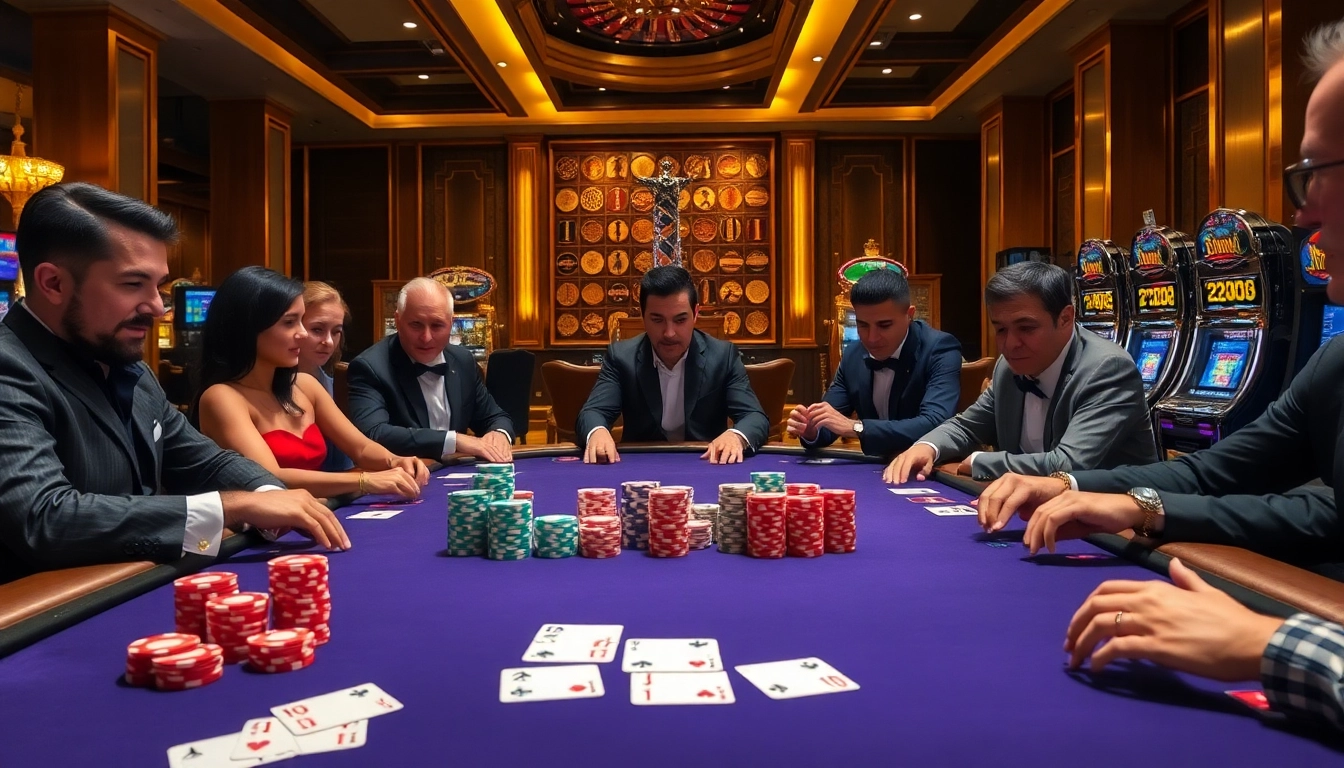 Gamblers engaging in a high-stakes game at https://mm88.sh/ poker table with vibrant chips and cards.