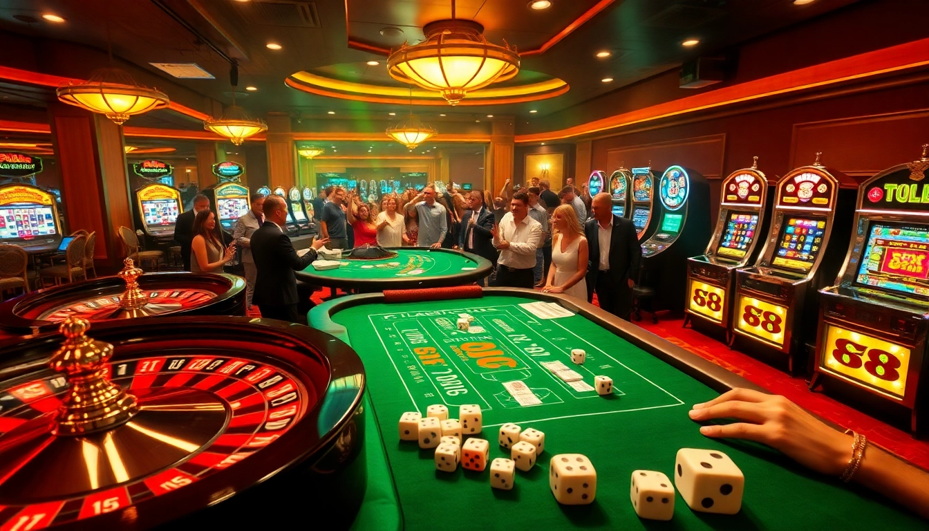 Excited gamblers enjoying winning games at Hello 88 casino with vibrant tables and lights.