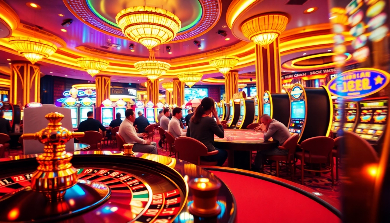 Experience the excitement at FLY88 Casino, showcasing diverse games like poker and roulette in a luxurious setting.