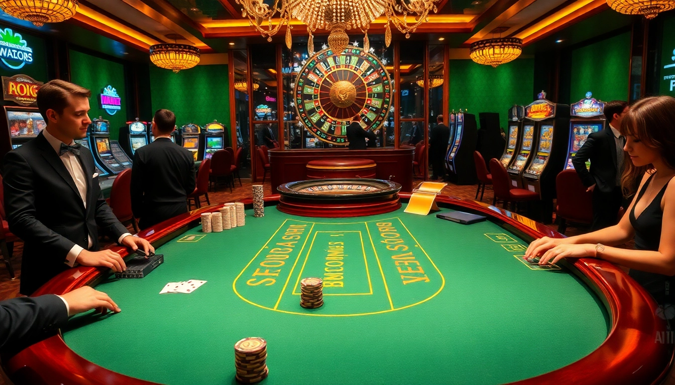 The sv88 club gambling scene showcases an elegant blackjack game with vibrant poker chips and a spinning roulette wheel.