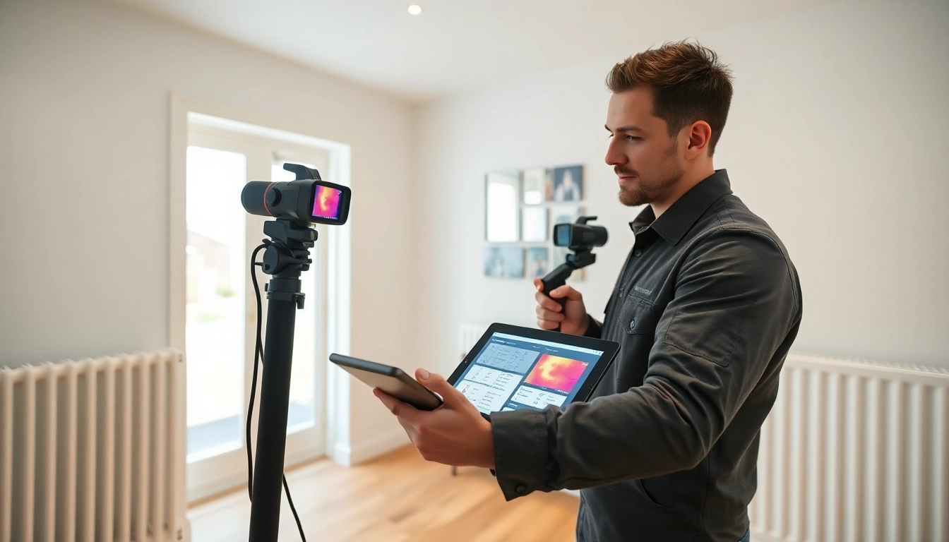 Central heating leak detection technician using thermal imaging camera for accurate assessment