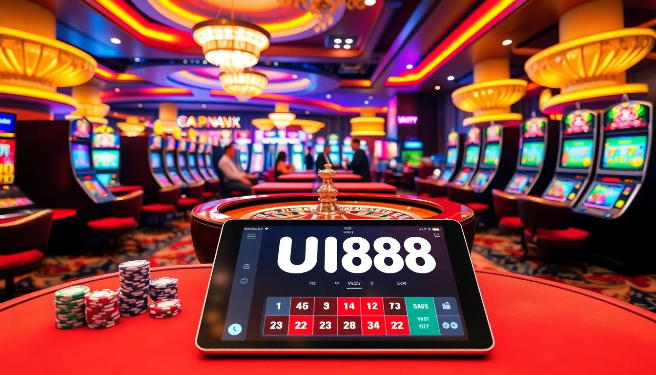 UU88 casino scene with a roulette table, slot machines, and engaged gamblers.
