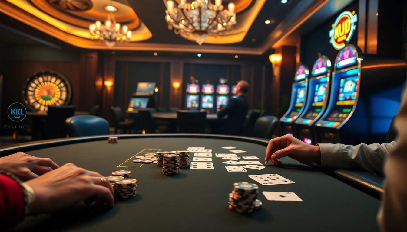 Intense poker action at a luxurious casino table featuring KJC branding.