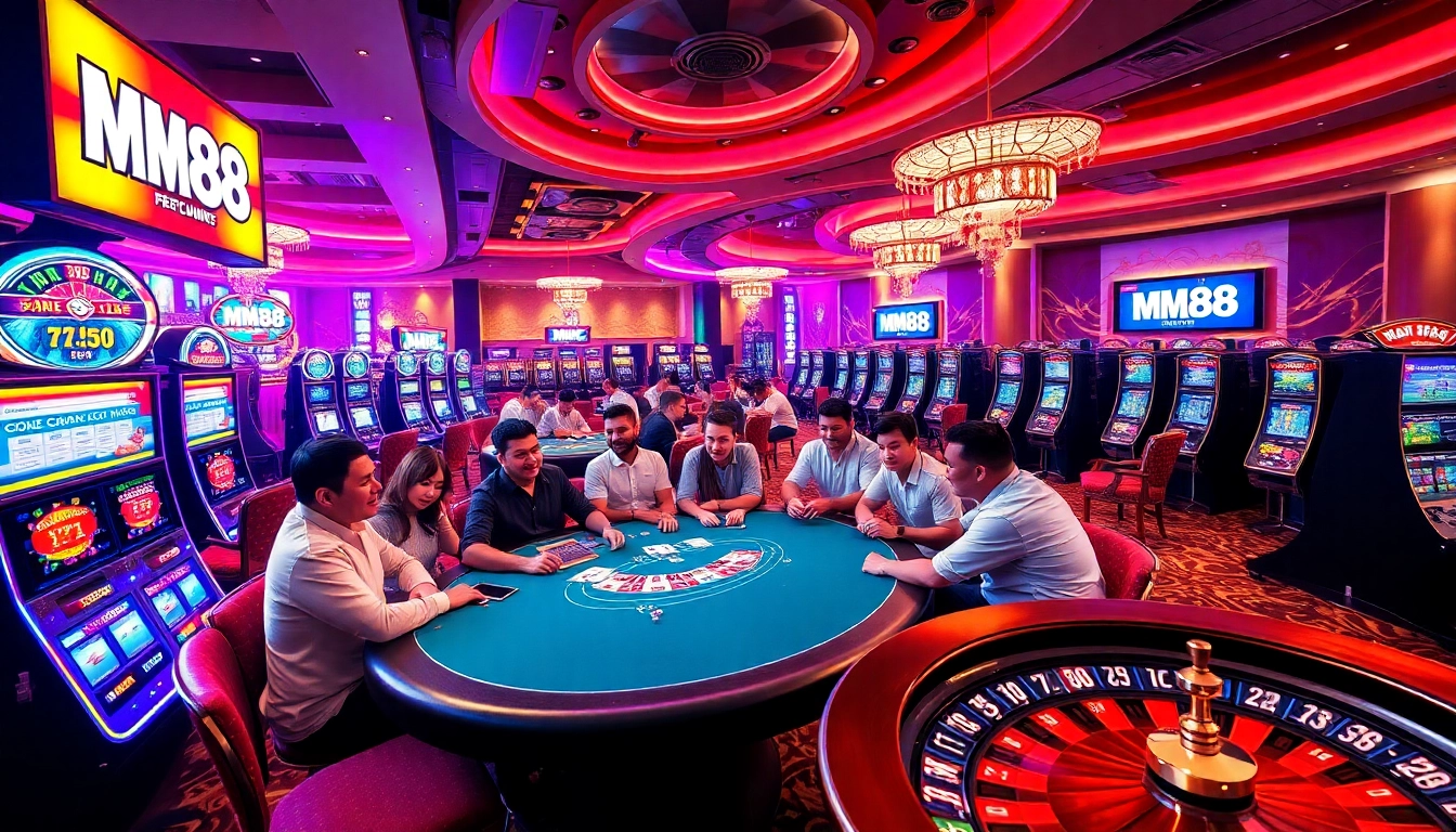 MM88 players enjoying poker in a vibrant casino atmosphere with exciting slot machines.