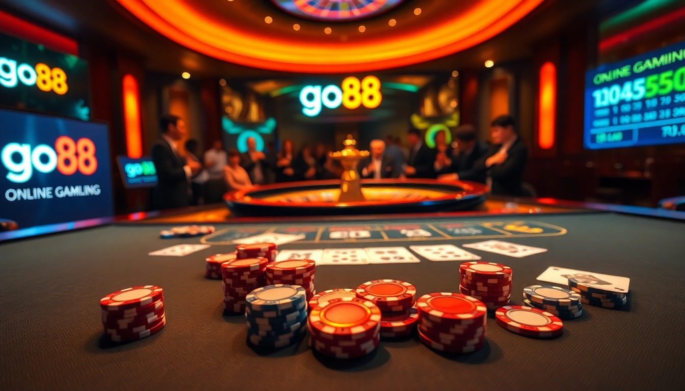 Experience the excitement of go88 with luxurious casino elements including poker chips and a roulette wheel.