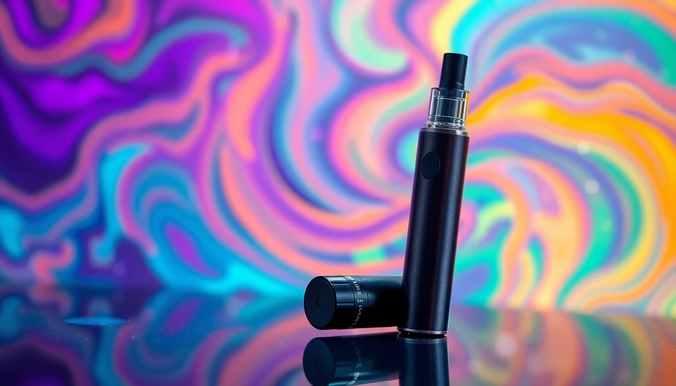 Buy DMT with a modern disposable vape pen highlighted against a vibrant psychedelic backdrop.