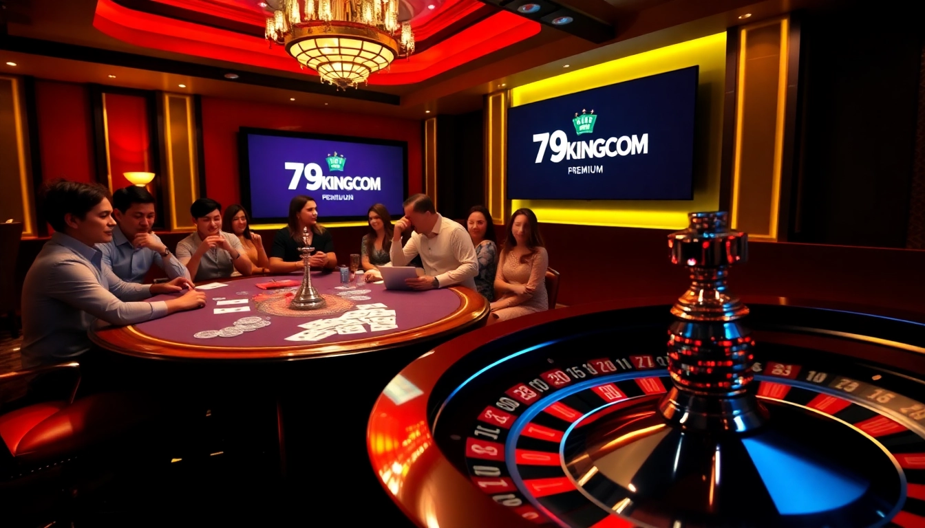 Engaged players at a high-stakes poker table featuring 79KING COM, showcasing vibrant gaming excitement.