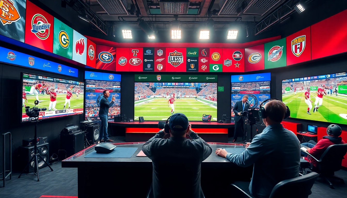 Engaging sports broadcasting professional presenting live sports news in a dynamic studio.