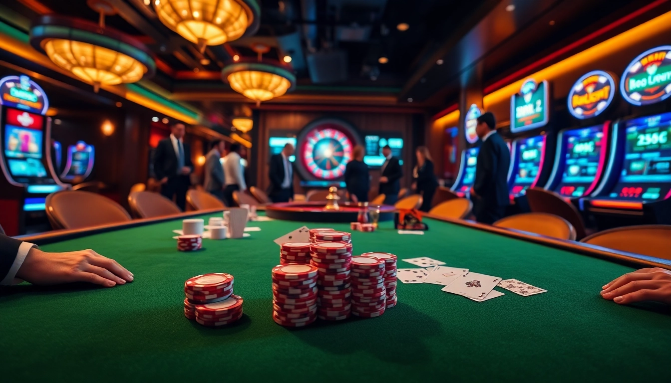 Engage with high-stakes gambling action at kjc com's elegant poker table with vibrant slot machines in background.