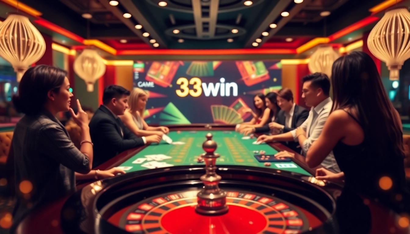 Engaging casino scene showcasing players enjoying the tải game 33win app at a vibrant gaming table.