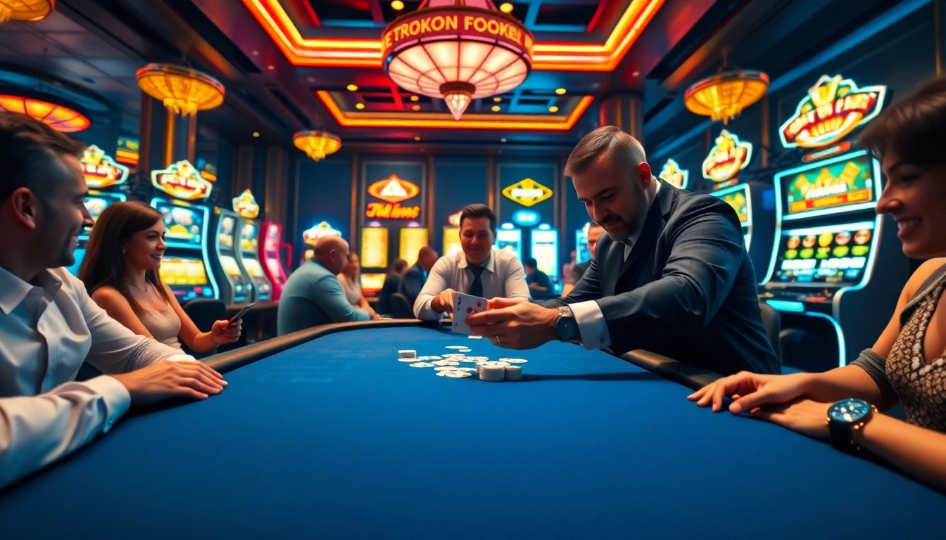 Tác giả RIKVIP showcases a thrilling casino scene with players at a poker table and vibrant slot machines.