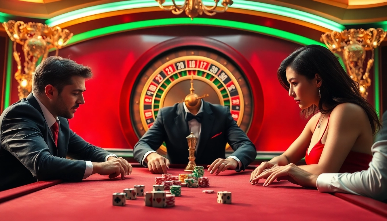 KP888 players strategizing at a high-stakes poker table with vibrant casino elements.