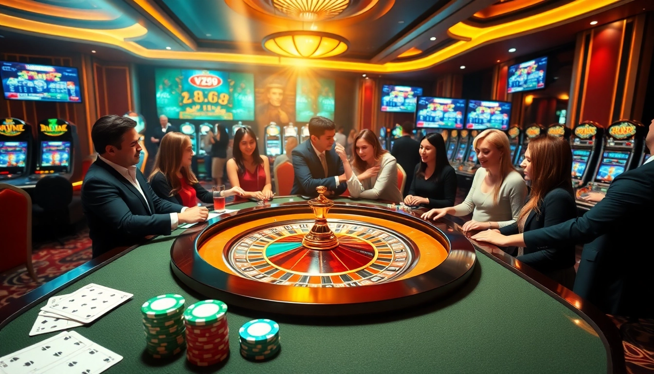 Experience the thrill of gambling at VZ99 casino with an exciting roulette table and colorful chips.