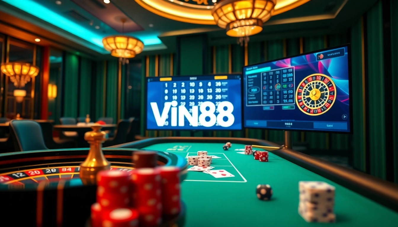 Experience top-tier online gambling with Vin88, featuring a luxurious casino environment and vibrant gaming elements.