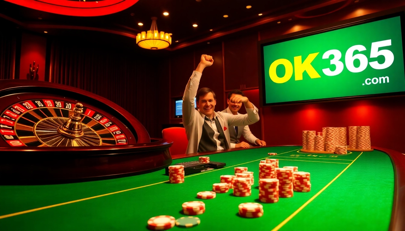 Casino excitement unfolds at OK365 COM with players celebrating their wins at a vibrant table.