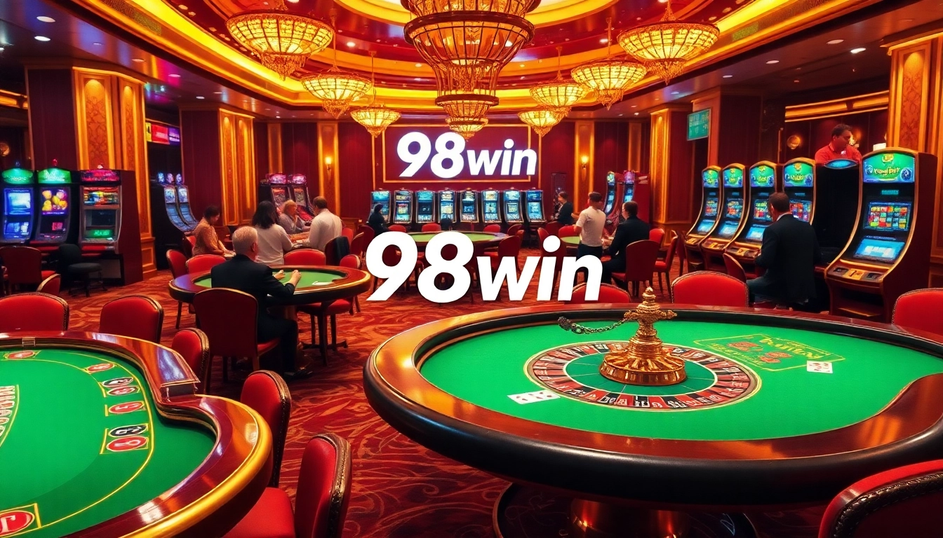 Enjoy thrilling casino action at 98win, featuring engaging poker and roulette tables in an elegant setting.