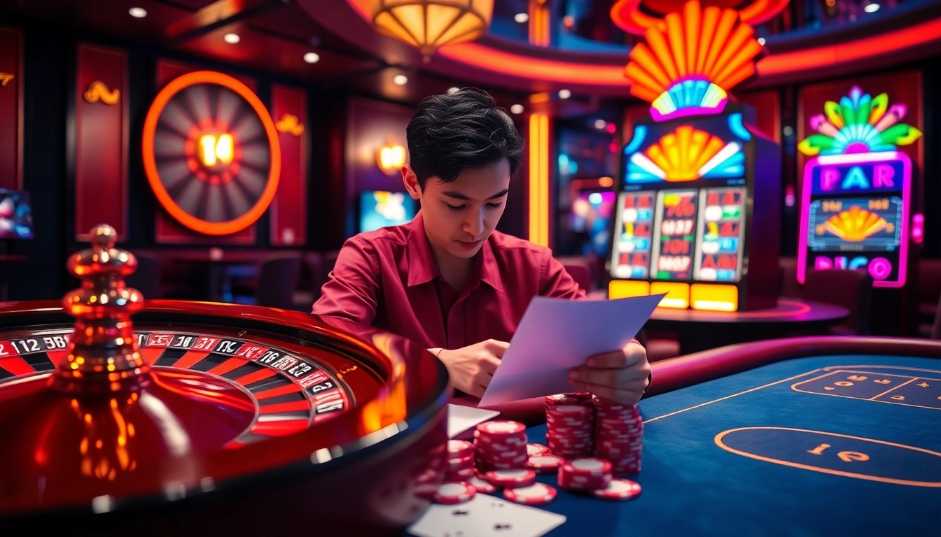 Experience the excitement of Nhà cái đá gà as players engage at a luxurious casino table, surrounded by vibrant gambling elements.