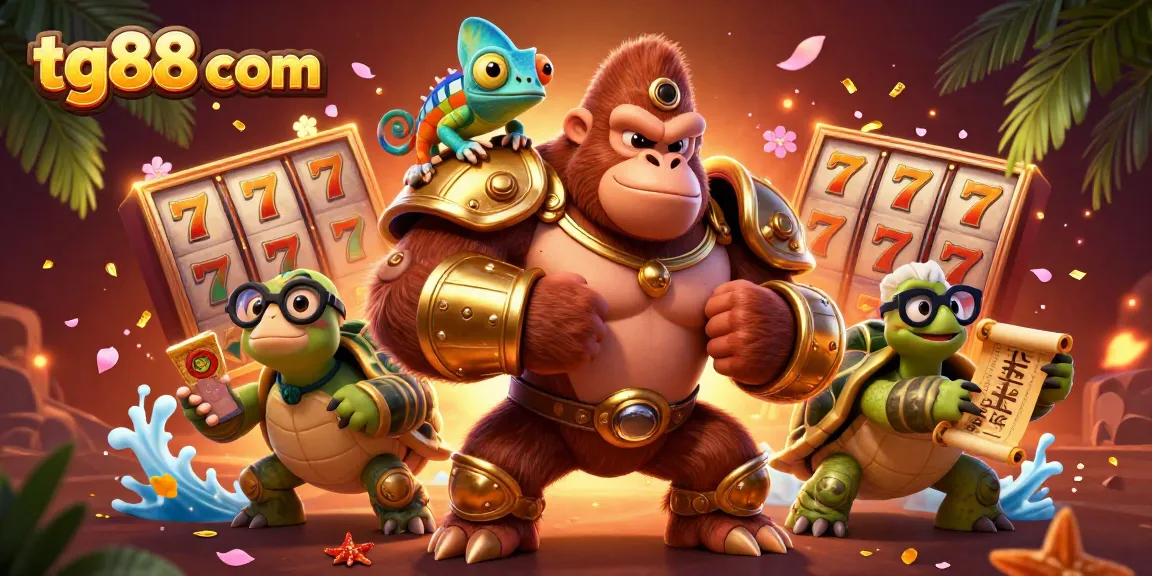 Experience thrilling slots at tg88 com with a powerful gorilla king, colorful chameleon, and wise tortoise in a vibrant casino scene.