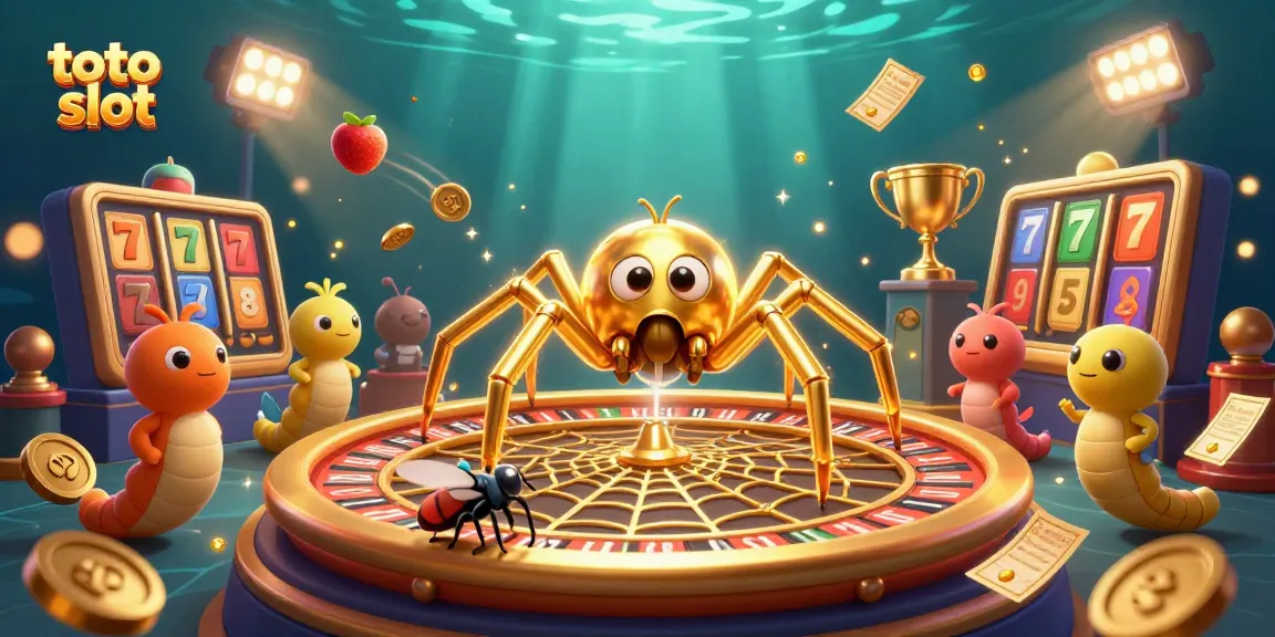 Spin and win at toto slot with a golden spider and centipede croupier in a vibrant 3D casino scene.