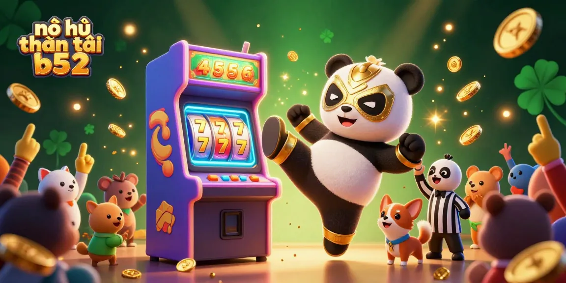 Nổ hũ thần tài b52 showcases a colorful scene with a panda wrestler and a referee in an exciting slot game atmosphere.