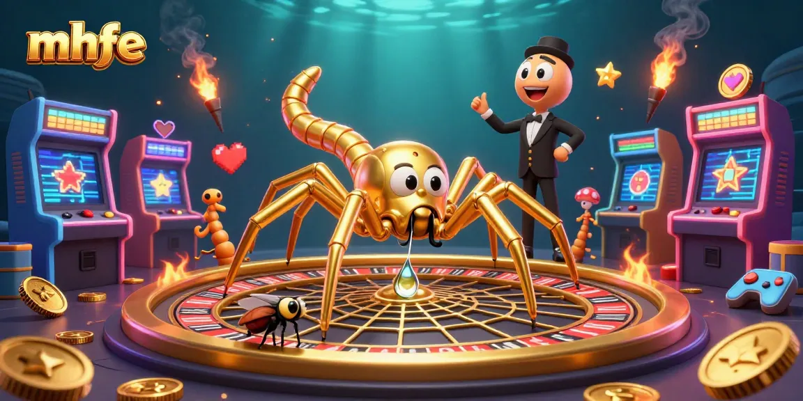 Engage with mhfe at this vibrant casino scene featuring a spider dealer and a fly placing bets.
