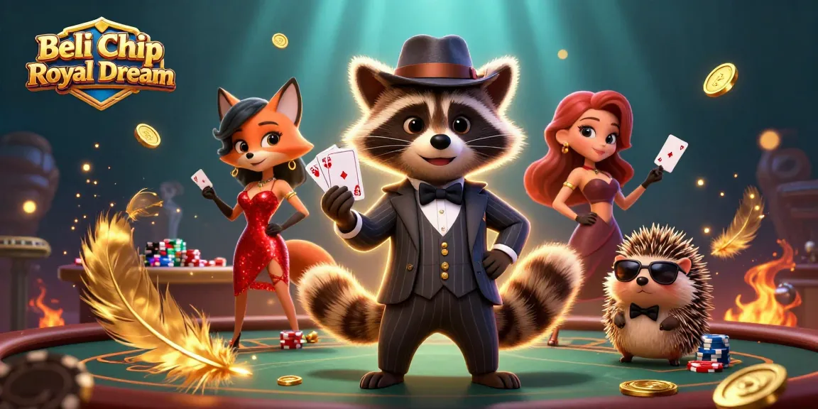 Beli Chip Royal Dream dengan cepat dan aman dalam ilustrasi 3D penuh warna yang menampilkan karakter kasino yang menarik.
