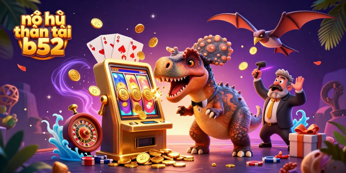 Nổ hũ thần tài b52 illustration of a dinosaur winning big at a slot machine, capturing the excitement of jackpot payouts.