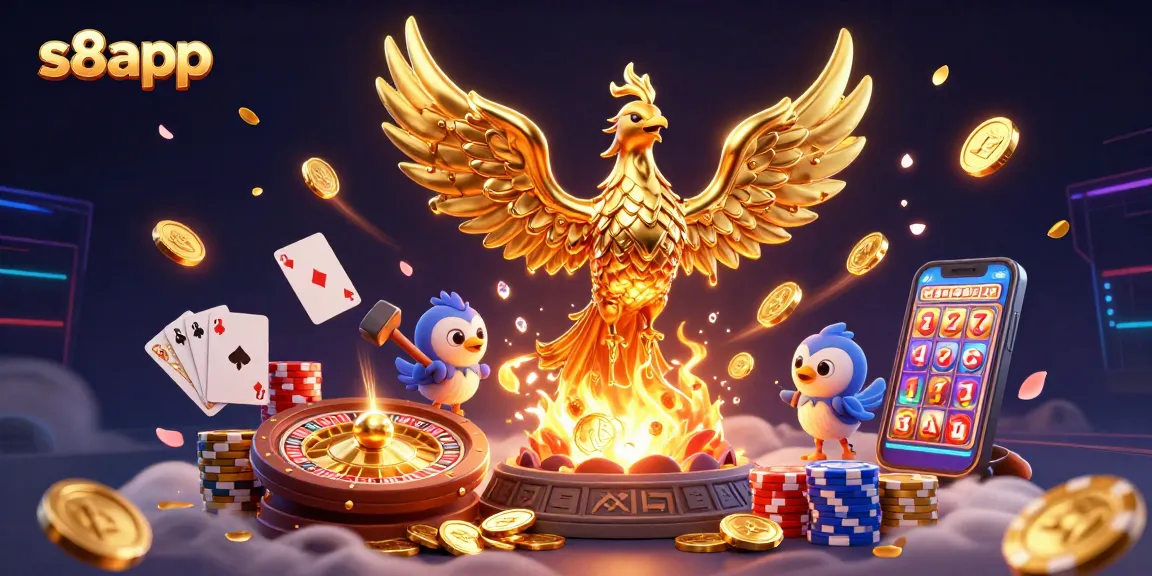 Experience s8app's thrilling casino adventure with vibrant gaming elements and a golden phoenix.