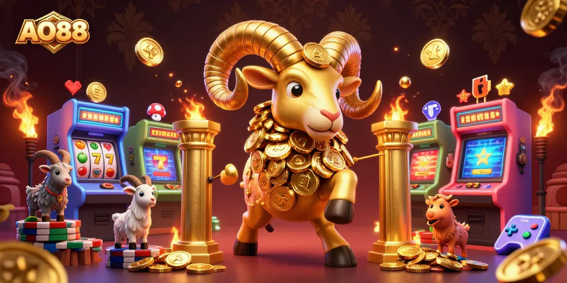 Engage with AO88's vibrant gaming scene featuring a majestic golden ram amidst colorful slot reels and retro elements.
