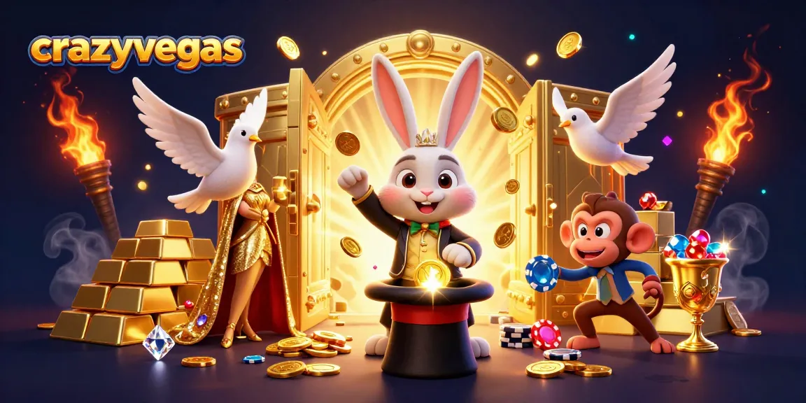 Winning at crazyvegas with a magician rabbit, dove, and monkey amidst gold coins and treasures.