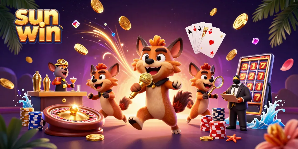 Join the excitement of sun win at the comedy casino club featuring vibrant hyena characters and dynamic gaming elements.